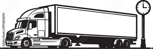 Black and white of a semi-truck with a blank trailer next to a street clock also transparent background