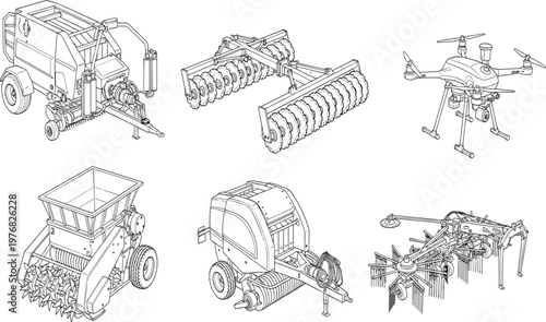 Detailed CAD line drawing vector illustration of modern agricultural machinery, baler, disc harrow, drone, forage chopper, rotary rake equipment