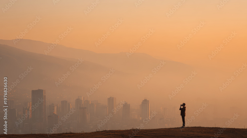 Fototapeta premium man gracefully embodies tree pose against backdrop of breathtaking sunset