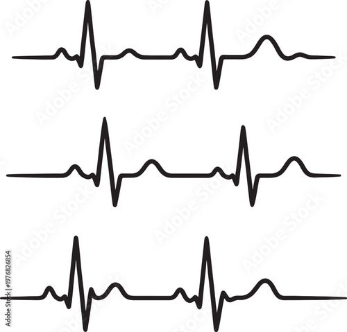 Three black electrocardiogram lines on a white background, representing heartbeats also transparent background