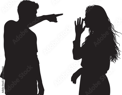 Silhouette of a man pointing accusingly at a woman covering her mouth also transparent background