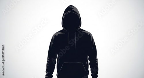 Silhouette of a person in a black hoodie with a hidden face representing anonymity and mystery isolated on a white background