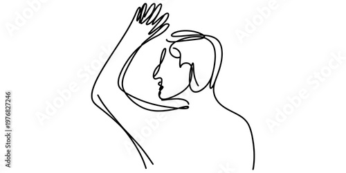 Minimalist continuous line drawing of a person reaching upward with their hand in the air now.