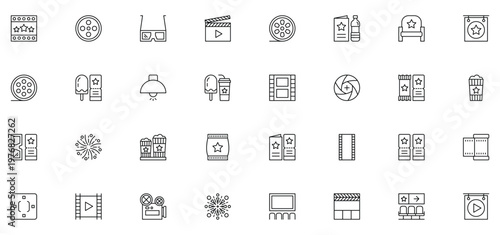 Collection of flat linear icons on the theme of cinema and entertainment.