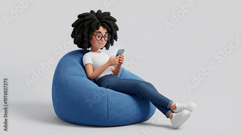 3D illustration of a young woman sitting on a beanbag chair using a smartphone
