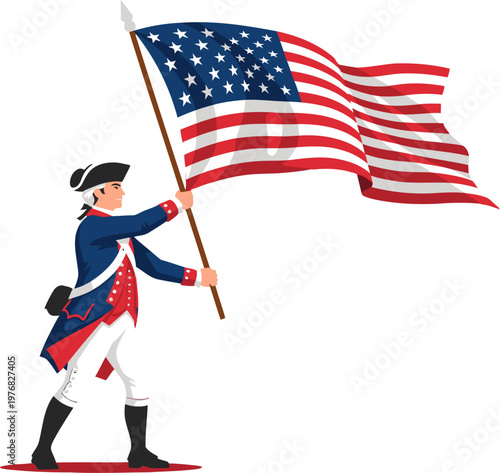 A patriotic illustration features a Continental soldier waving the American flag. Bold colors and a vintage style evoke liberty and pride. Perfect for patriotic themes.