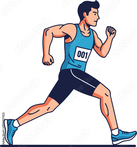 A runner in a bib races, showcasing strength and determination. Bold graphic style, vibrant red background. Ideal for fitness and motivation visuals.