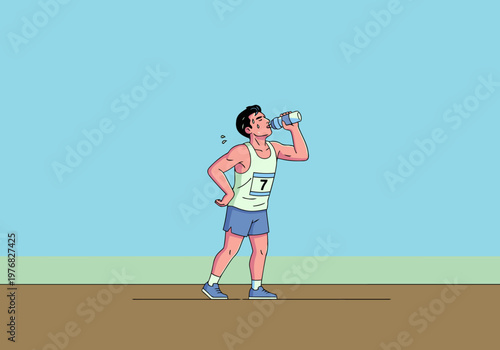 A male runner hydrates during the Boston Marathon. He wears a bib number and shorts, taking a drink from a water bottle. Dynamic illustration, clear composition.