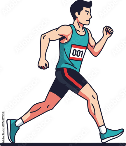 A runner in a bib sprints forward, showcasing strength and determination. Bold colors and dynamic pose create a vibrant, energetic image suitable for fitness and motivation campaigns.