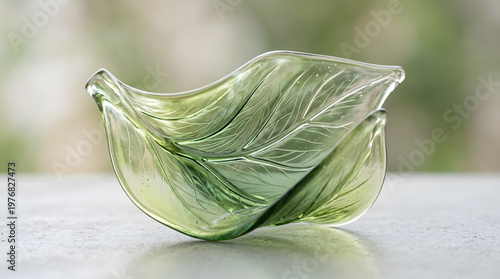 Artistic green glass leaf object with translucent texture and organic flowing form on natural background modern eco inspired design