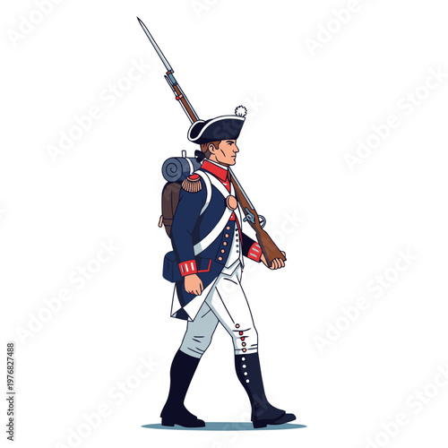 A stoic soldier in 18th-century uniform carries a musket, representing the Liberty Path. Detailed illustration, clear composition, suitable for commercial use.