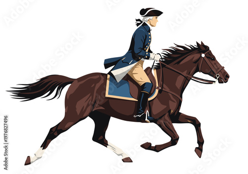 A stately gentleman rides a horse in a dynamic, reverse motion. Bold colors and detailed illustration evoke historical elegance. Perfect for design and educational use.