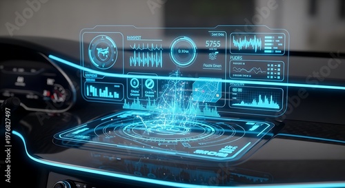 Futuristic car dashboard with digital interface and blue neon lights on screen display