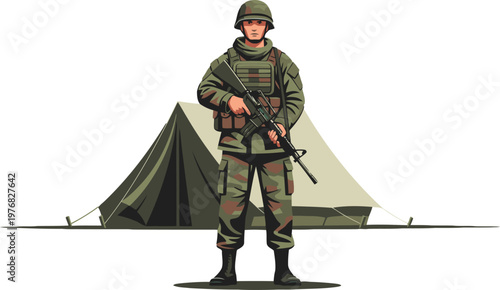 A vigilant soldier stands guard beside a tent, symbolizing freedom and protection. A strong, professional image for security, defense, or patriotic themes.