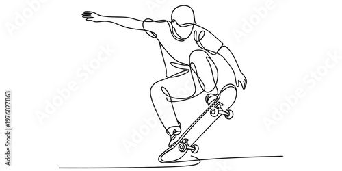 A single continuous line drawing of a person performing a trick while riding on a skateboard.