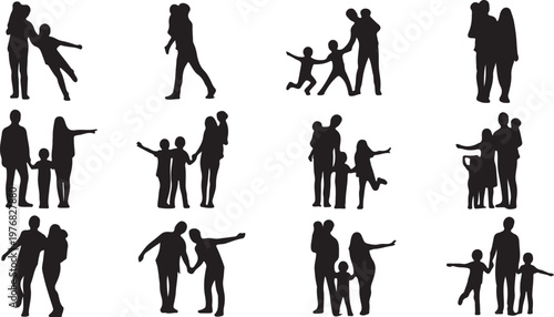 Family silhouettes collection, set of 12 vector icons featuring parents and children, black human figures in various poses, happy family life concepts