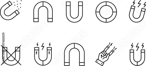Black and white magnet icons set showing horseshoe, circular, magnetic field, attraction, prohibition, hand holding magnet, sparks, particles, minimal design