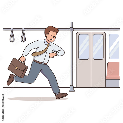 Man rushing on train platform with briefcase in hand near doors