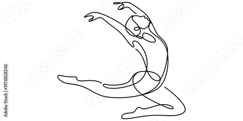 A minimalist black and white single line drawing of a graceful ballerina performing a leap pose.