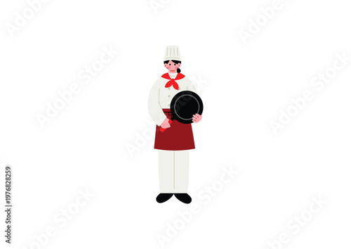 フライパンを持つシェフ女性のイラスト