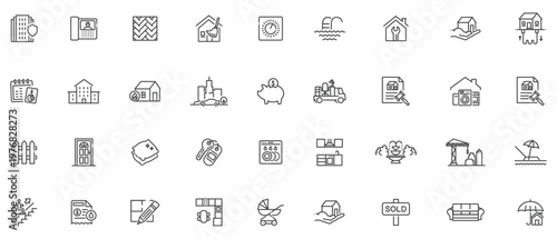 Real estate business and household amenities icon collection for moving services and property investment marketing.