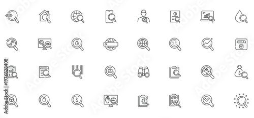 Search and find line icons set, magnifying glass and lupe outline vector signs collection.