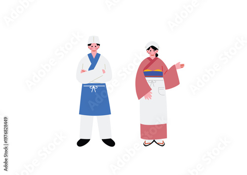 日本料理屋で働く和服を着た男女のイラスト