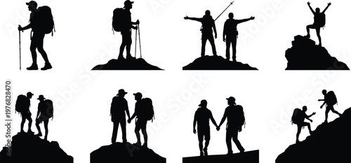 Black silhouettes of hikers with backpacks and trekking poles on rocky terrain, teamwork, mountain climbing, outdoor adventure illustration showing exploration and triumph