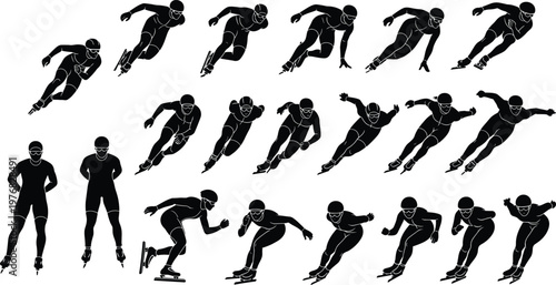 Black silhouettes of speed skater in motion sequence, athletic technique progression, dynamic skating posture, winter sport illustration, competitive ice skating training concept