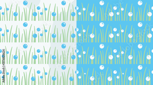 A charming and simple cartoon pattern of green grass blades with floating translucent bubbles is presented in two color variations against light and bright blue skies.