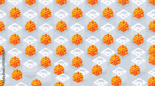 Intricate orange voxel-based viral structures are arranged in a precise isometric grid pattern against a clean, minimalist light gray background with subtle shadows.