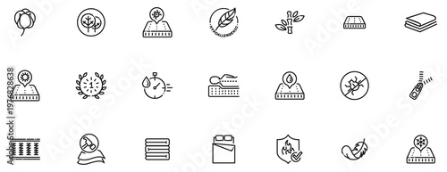 Set of line icons for mattress and bedding representing comfort and natural materials.