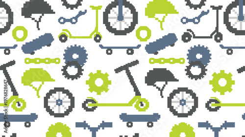 A playful pixel art pattern showcases lime green electric scooters, skateboards, helmets, and gears scattered randomly to create a fun urban transport theme on a white background.