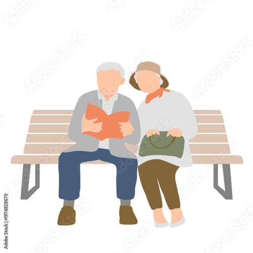 シニア夫婦の読書イラスト ベンチで本を読む高齢者のリラックスシーン