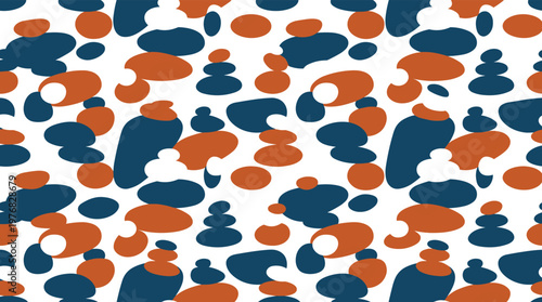 A playful seamless pattern of abstract stacked pebbles and organic shapes is rendered in a trendy palette of terracotta, deep blue, and clean white background.