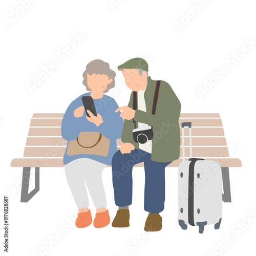 シニア夫婦のスマホ操作イラスト ベンチで休憩しながらスマートフォンを確認する高齢者