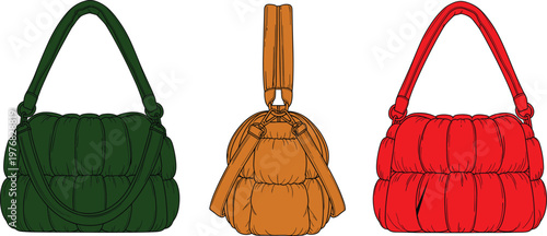 Collection of three quilted handbags in green, yellow, and red colors featuring puffy textured design with short handles for fashion accessories