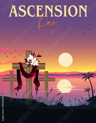 Ascension Day with Draped Cloth on Cross with Tropical Sunset and Palm Trees Poster Design
