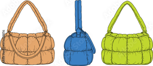 Collection of three quilted puffer handbags in tan, blue, and green colors featuring padded textured design with thick handles for fashion accessories