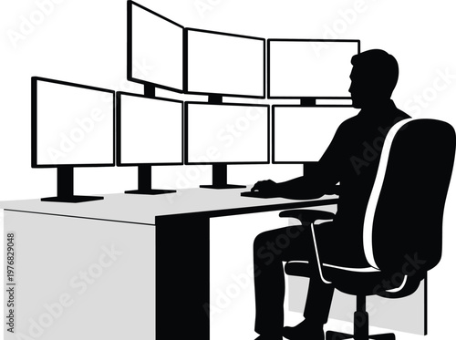 Photos Silhouette of professional worker at modern control center desk with multiple co
