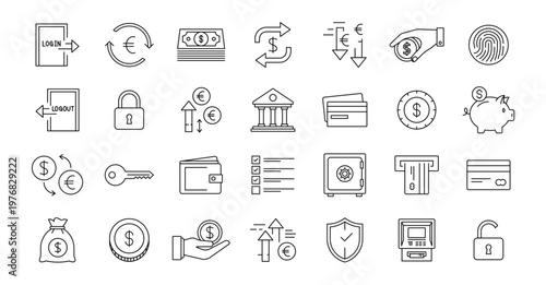 Banking and Finance Line Icons Set – Minimal Outline Vector Collection of Payments, Security, Currency Exchange and Digital Banking Symbols