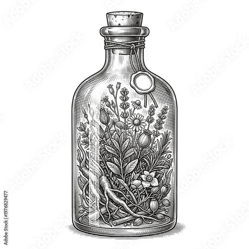 Vintage apothecary bottle with medicinal herbs and plants, engraved illustration
