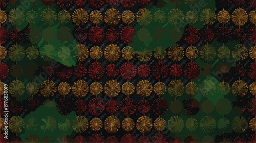 Intricate rows of stylized pixelated floral bursts in rich red and opulent gold create a dense, textured pattern over a dark, moody camouflage background.
