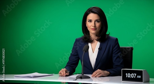 Female news anchor sitting at a studio desk in front of a green screen