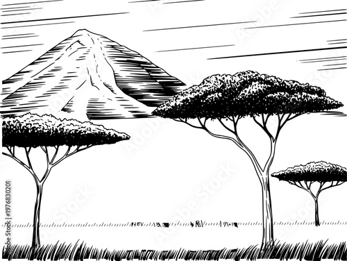 African savanna landscape with acacia trees and distant mountain in black and white style