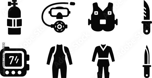 Diving and survival gear silhouette vector icon set featuring oxygen tank diving mask life jacket wetsuit dive computer and knife isolated on white background