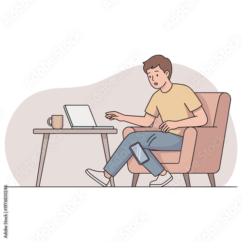 A man sits in a chair looking shocked at his laptop screen indoors