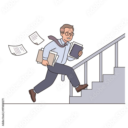Man rushing down stairs with books and papers in hand quickly