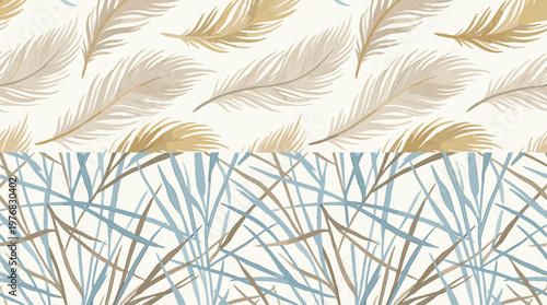 A delicate two-part seamless pattern features soft, floating feathers in beige and gold above a dense arrangement of crisscrossing grass blades in blue and brown.
