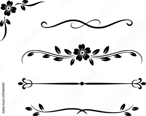 Collection of black floral decorative and dividers white background
